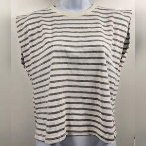 Miou Muse Striped Cap‎ Sleeve Top L Cream Gray Cotton Blend Boxy Tee